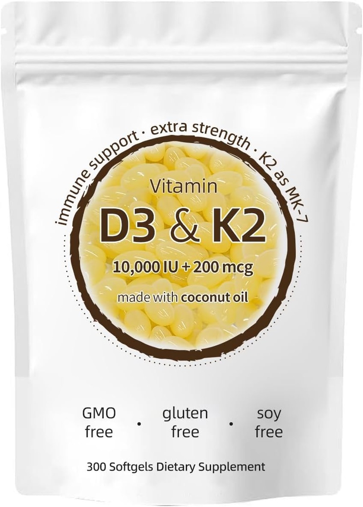 Vitamina D3 K2 Suplemento, 10000 UI D3 + 200 MCG K2, 300 Softgels, No GMO, Libre de gluten
