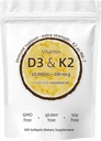 Vitamina D3 K2 Suplemento, 10000 UI D3 + 200 MCG K2, 300 Softgels, No GMO, Libre de gluten