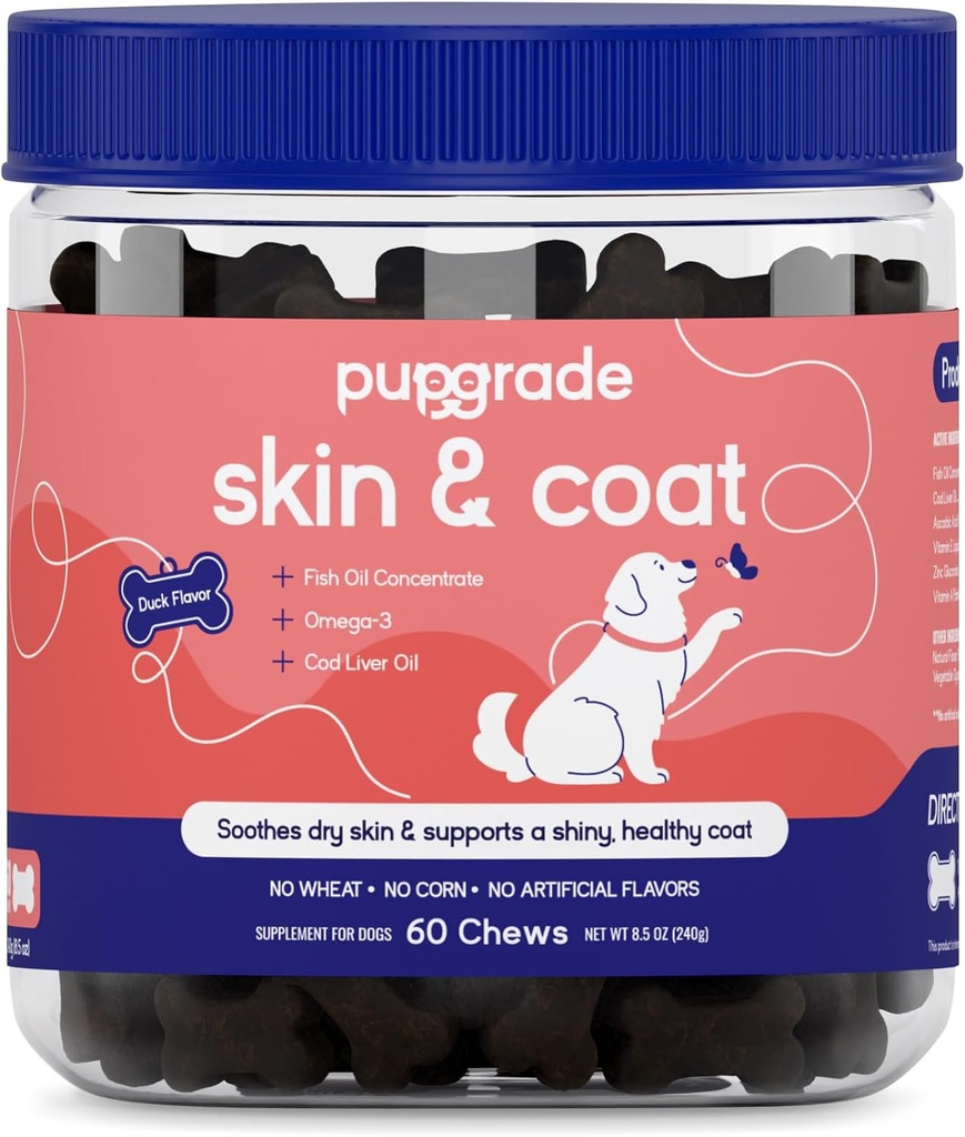 PupGrade Skin & Coat Soft Chew Supplement for Dogs – Supports Healthy Skin, Coat, and Immune Function - Rich in Natural Fish Oil, Omega Fatty Acids, and Vitamins – 60 Soft Chews