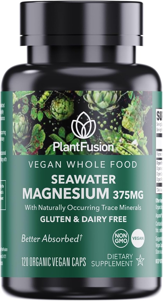 PlantFusion Vegan Magnesium Complex 375mg from Sea Water, Bioavailable Marine Magnesium with Fermented Organic Whole Food Blend, Non-GMO, Muscle & Relaxation Support, 120 Cap