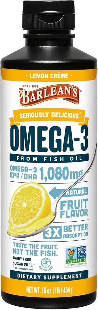 Barlean Omega 3 Fish Oil Suplemento líquido para hombres y mujeres, Lemon Crème, 1080 mg de Omega 3 EPA y DHA Fatty Acid, 16 oz