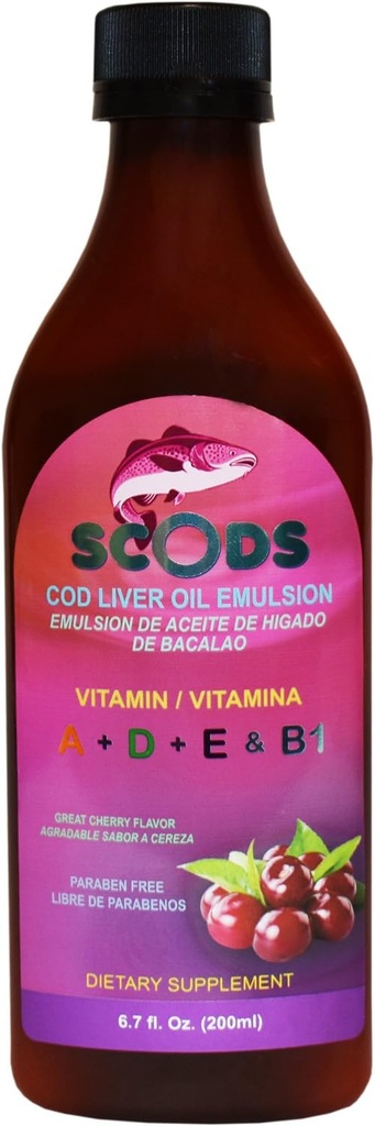 Emulsion de Scods Cereza Cod Liver Oil Emulsion Cherry 200ml Vitamina A + D + E &amp; B1