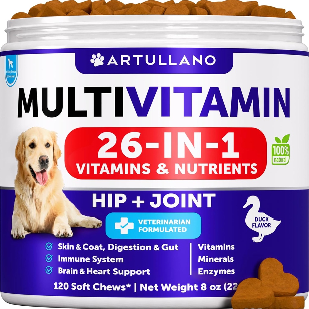 Perro multivitamínico Chewable con Glucosamina 26 en 1 - Vitaminas y Suplementos para perros - Senior &amp; Puppy Multivitamin for Dogs - Pet Joint Support Salud - Inmunity, Mobility, Gut Skin - 120 Chews