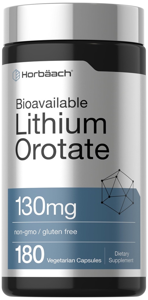 Horbäach Lithium Orotate 130mg | 180 Capsules | Non-GMO, Gluten Free, Vegan | 5mg Bioavailable Elemental Lithium