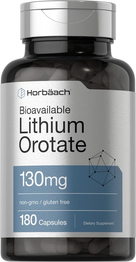 Horbäach Lithium Orotate 130mg  180 Capsules ← Non-GMO, Gluten Free  5mg Bioavailable Elemental Lithium