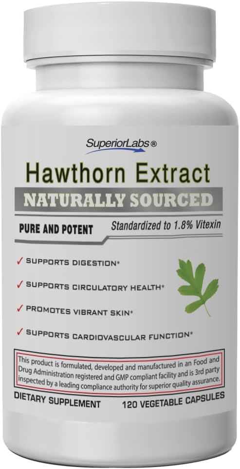 Laboratorios superiores Hawthorn Berry 300mg, pura no GMO, extracto de hawthorn libre de aditivos cápsulas, circulación de alta potencia " Apoyo a la presión arterial, Alivia el dolor de pecho, ayuda de digestión, 120 caps