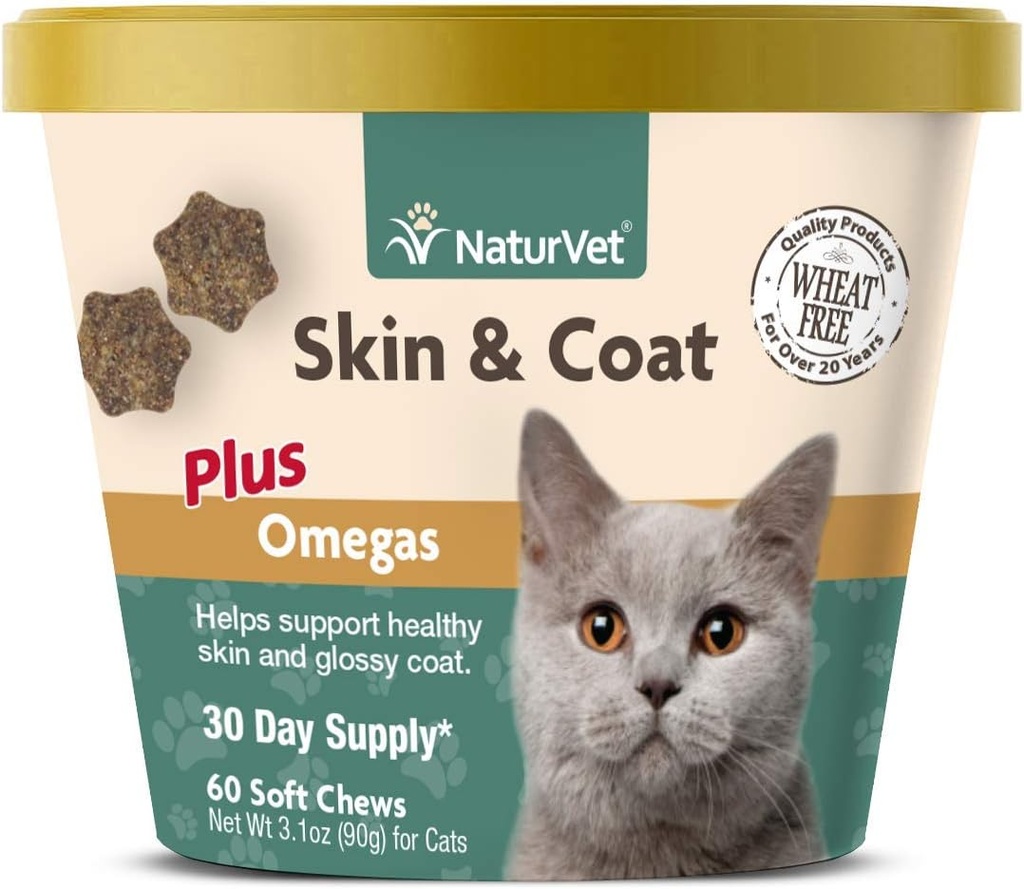 NaturVet – Skin &amp; Coat Plus Omegas para gatos – 60 Soft Chews tención Asistencias Saludable Skin > Glossy Coat Silencio Reforzada con Omega-3, Omega-6 &amp; Biotin 30 Day Supply