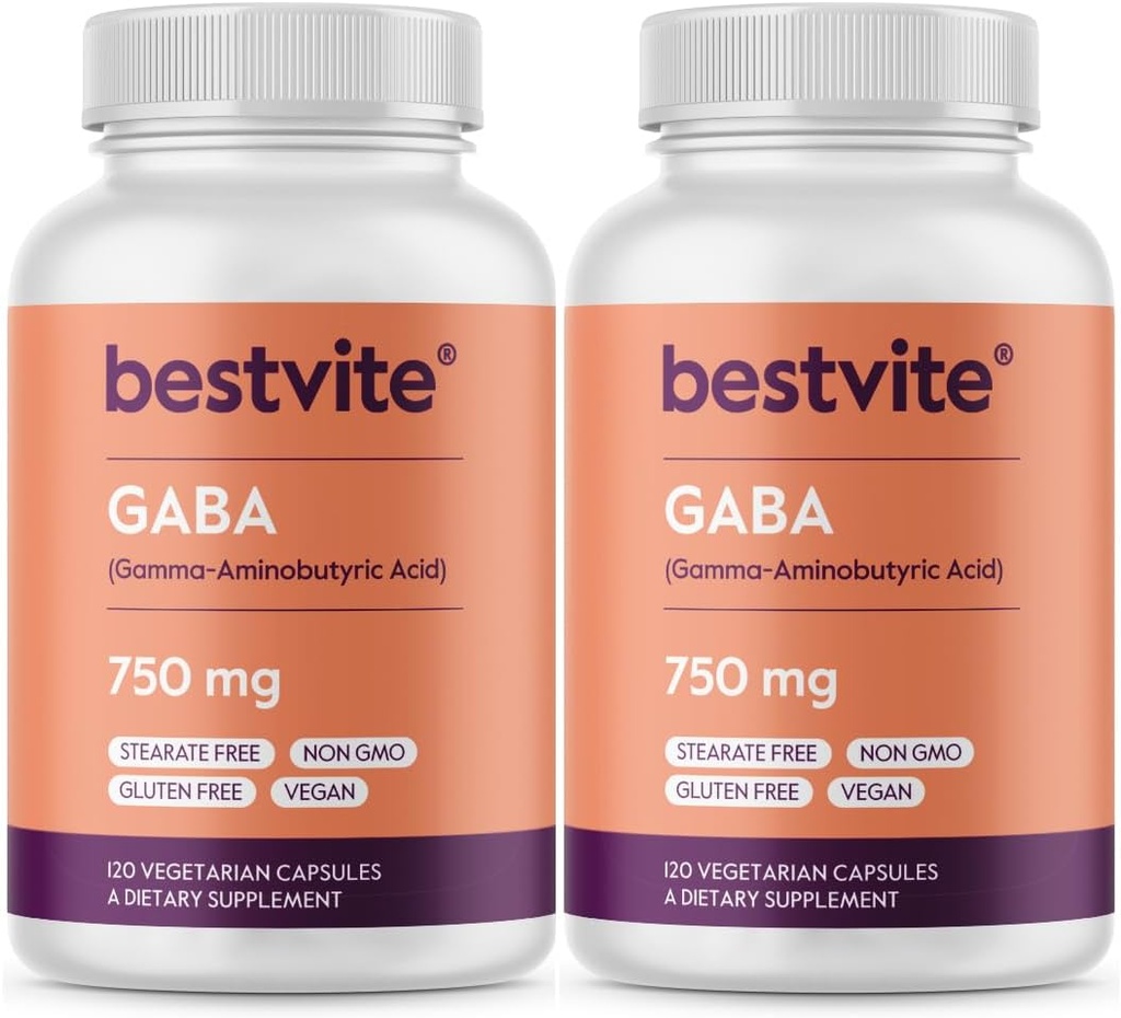 BESTVITE GABA 750mg por cápsula (240 cápsulas vegetarianas) (120 x 2) - No Stearates - No Fillers - Vegan - Gluten Gratis - No GMO