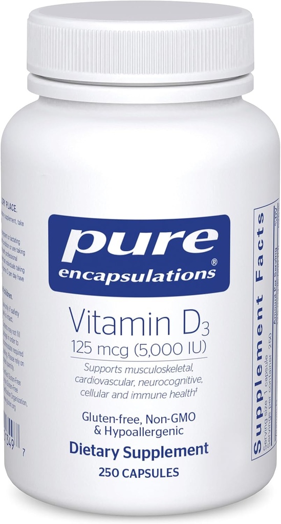 Pure Encapsulations Vitamin D3 125 mcg (5,000 IU) - Supplement to Support Bone, Joint, Breast, Heart, Colon, and Immune Health* - with Vitamin D - 250 Capsules