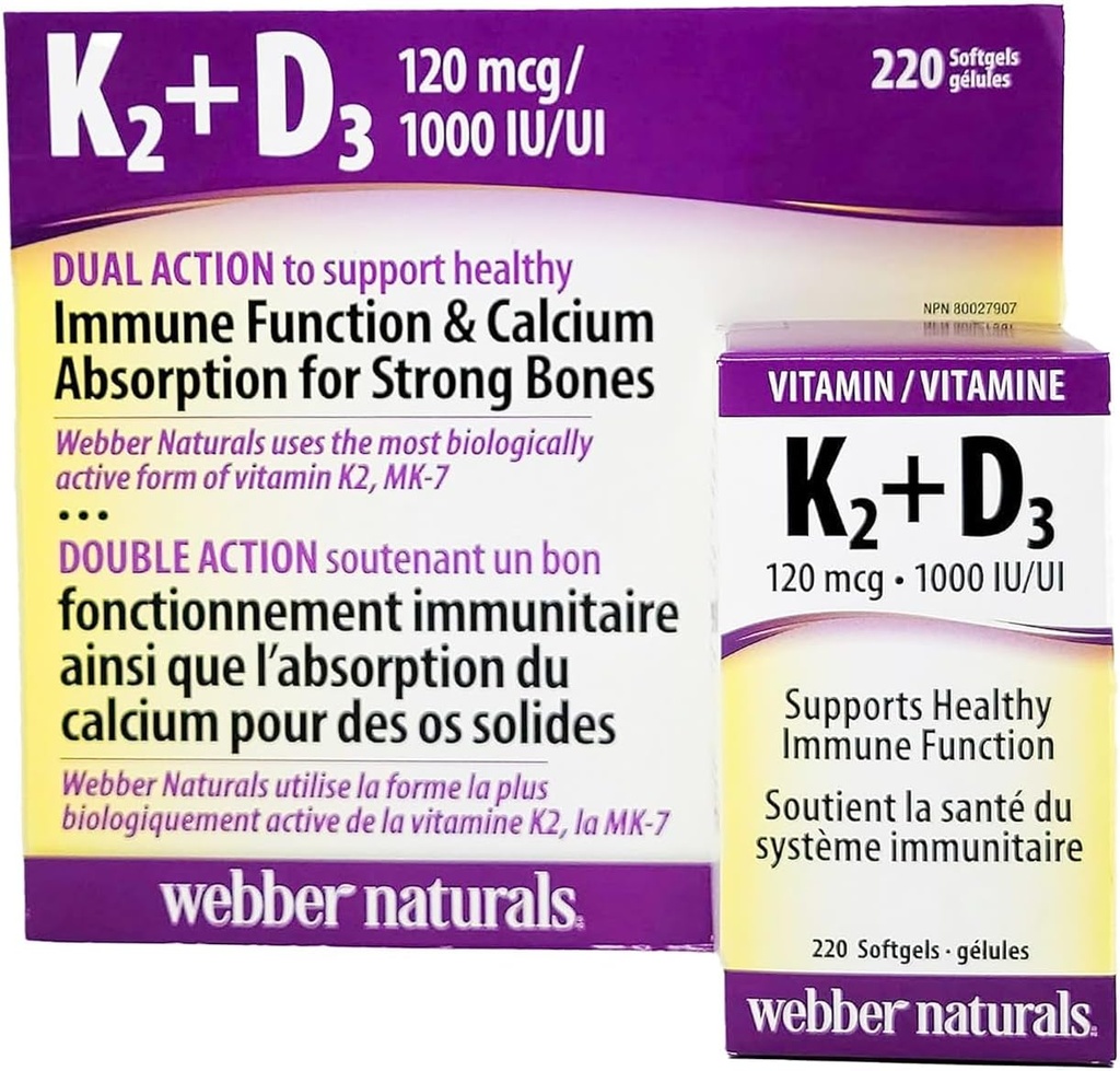 Webber Naturals K2 + D3 120 mcg/1000 IU, soporta la función saludable de inmunológico - 220 softgels