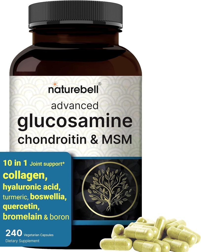 NatureBell Advanced Glucosamine Chondroitin MSM Supplement, 240 Capsules  durable Complejo de Apoyo Conjunto 10-in-1 – con Ácido Hialurónico, Collagen, Turmeric, Boswellia, &amp; More – Non-GMO