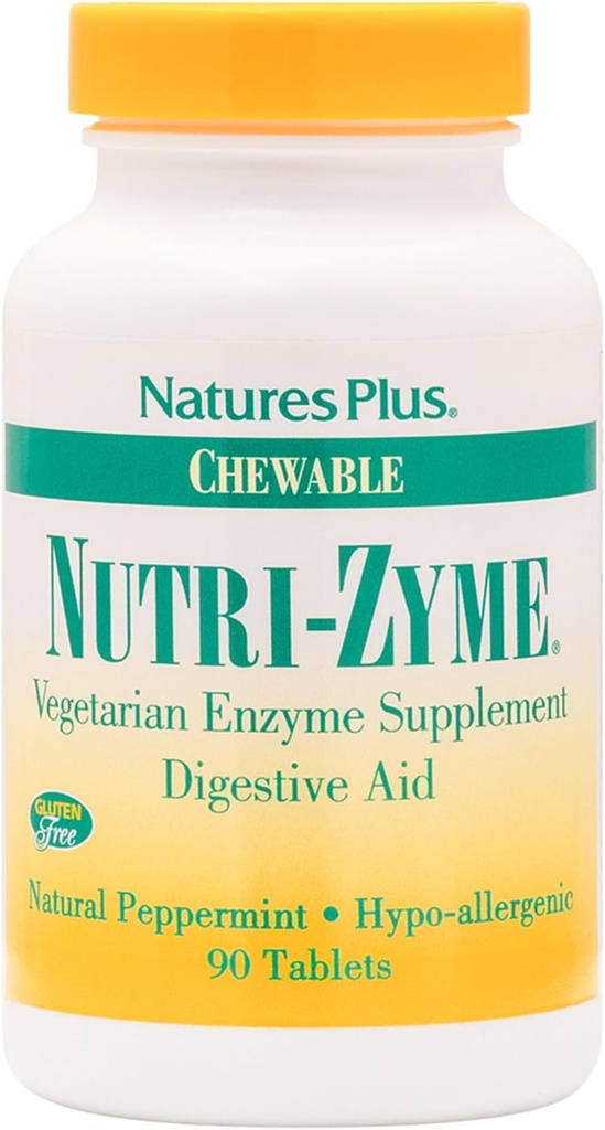 NaturesPlus Nutri Zyme - 90 Tabletas Chewable, Peppermint Flavor - Vegetarian Enzyme Suplemento con Bromelain " Papain, Natural Digestive Aid - Gluten-Free - 45 Servings