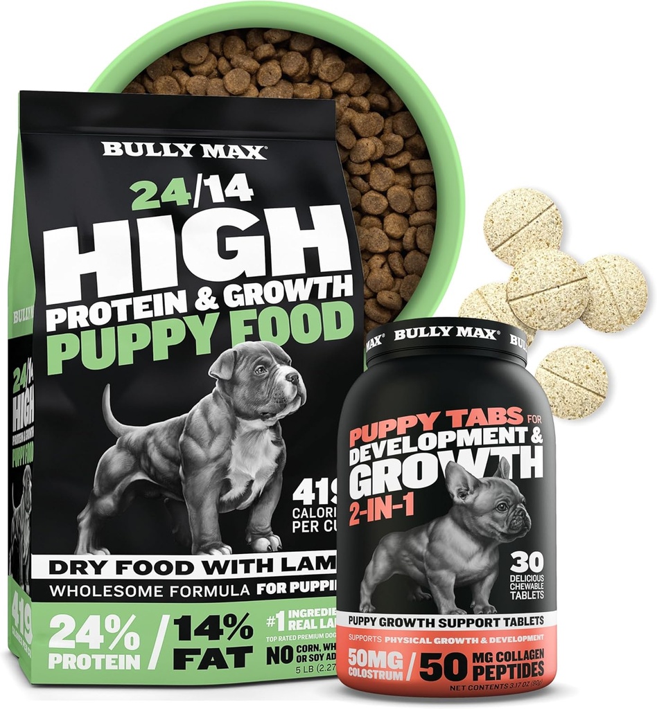 Bully Max 24/14 High Protein Puppy Food (5lbs.) and Puppy Vitamins (30 chewable tabs) for Development & Growth Bundle – Muscle, Immune, Bone & Digestive Support in Small and Large Breed Puppies