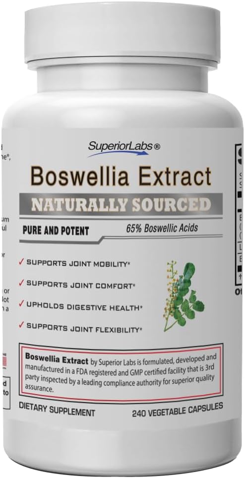 Laboratorios Superiores Boswellia Serrata Extracto 500mg – 65% Ácidos Boswellic, Puro No GMO, Cero Fillers, Indio Frankincenso, Apoya la Respuesta Inflamatoria Saludable & Conjunto Comfort – 240 Caps Veg