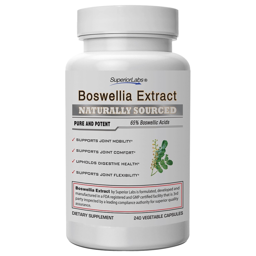 Laboratorios Superiores Boswellia Serrata Extracto 500mg – 65% Ácidos Boswellic, Puro No GMO, Cero Fillers, Indio Frankincenso, Apoya la Respuesta Inflamatoria Saludable & Conjunto Comfort – 240 Caps Veg