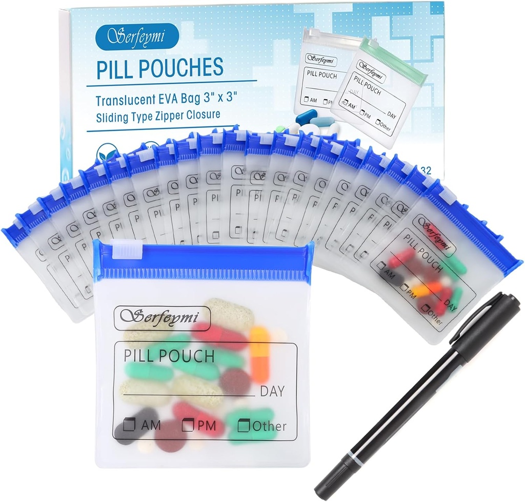 Serfeymi 32 Pcs Zippered Pill Pouches Organizador Bolsas de plástico 3 X 3 pulgadas 12 mil Self Sealing with Slide Lock Writable Label Translucent Travel Medicine Storage Fund y 1 Pc Marker-Blue