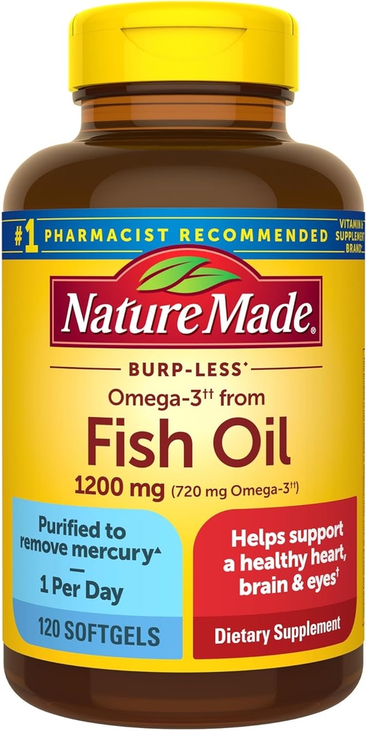 Nature Made Burp Less Omega 3 Fish Oil Suplementos, 1200 mg, EPA DHA Omega 3 Suplemento como Ethyl Esters, Fish Oil Softgels for Healthy Heart, Brain and Eyes Support, One Por Day, 120 Softgels