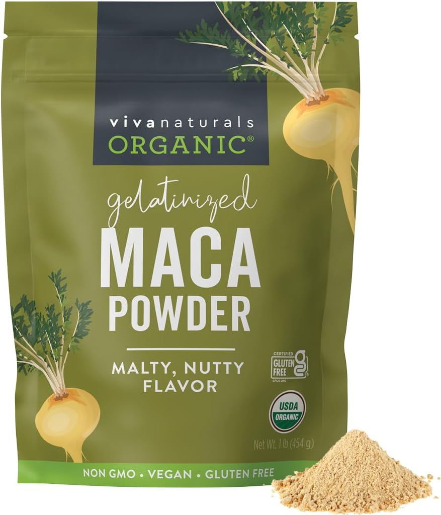Viva Naturals Organic Maca Powder, Gelatinized, 16 oz (1 lb) – Vegan, USDA Organic, Gluten-Free, Non-GMO Peruano Superfood in Resealable Bag