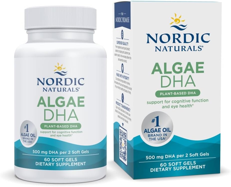 Nordic Naturals Algae DHA - 60 Gels Soft - 500 mg Omega-3 DHA - Certified Vegan Algae Oil - Plant-Based DHA - Brain, Eye & Nervous System Support - Non-GMO - 30 Servings