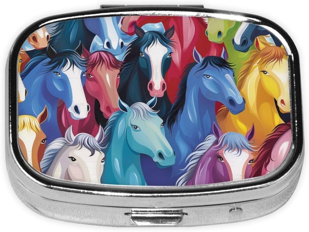 Coloridos Caballos de Caricatura Impresión Pill Organizer con 2 Compartimientos, Caja de Pill Mini Portable para Medicina, Vitamina, Aceite de Pesca, Suplementos