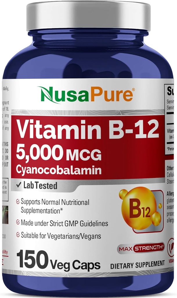 NusaPure Vitamina B12-5000 MCG 150 cápsulas vegetales (No-GMO, Vegan) - Max Strength Vitamina B12