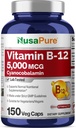 NusaPure Vitamina B12-5000 MCG 150 cápsulas vegetales (No-GMO, Vegan) - Max Strength Vitamina B12