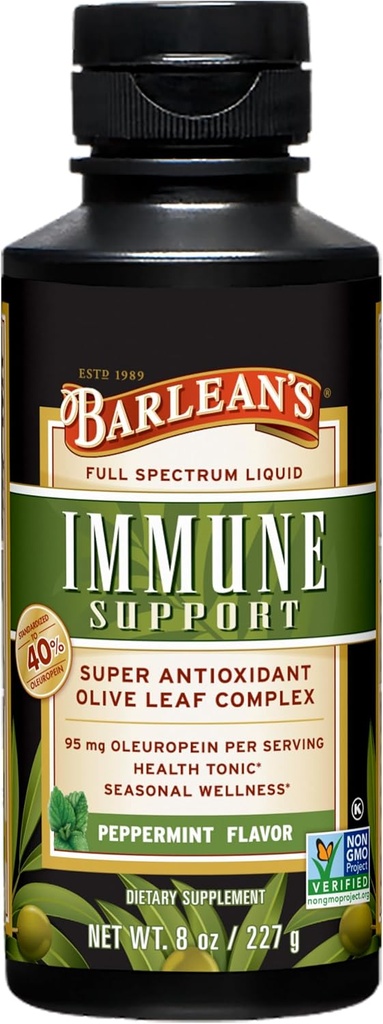 Barlean Peppermint Olive Leaf Complex Liquid Immune Support Supplement, 95mg Oleuropein Antioxidants, 8 oz
