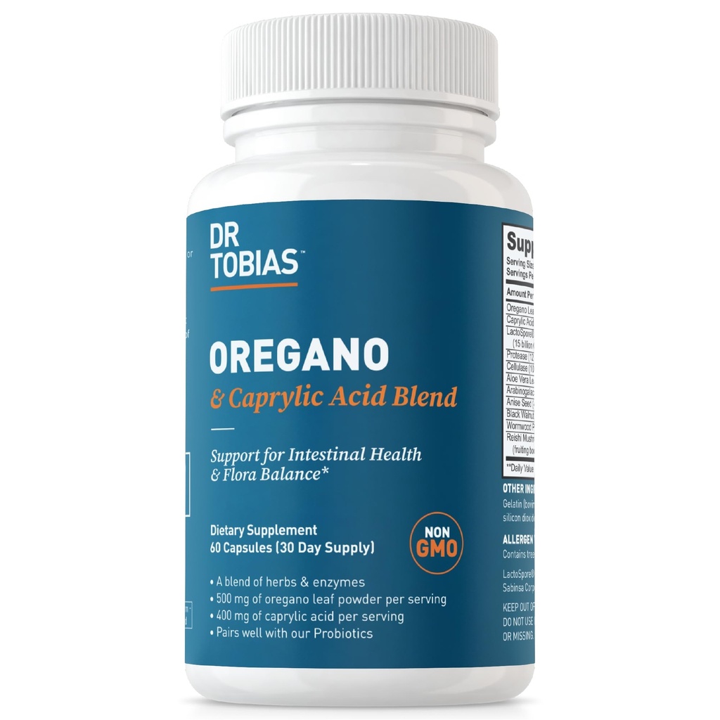 Dr. Tobias Oregano and Caprylic Acid Blend, Gut Flora Balance Complex with Probiotics & Enzymes for Intestinal and Immune Support, Gut Health Supplements for Women & Men, 60 Capsules, 30 Servings