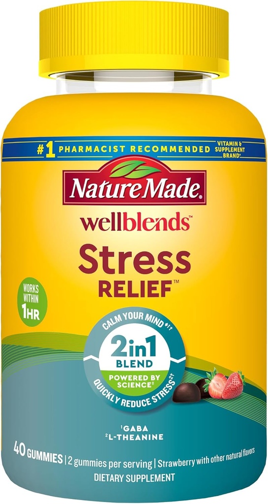 Nature Made Wellblends Stress Relief Gummies, L theanine 200mg para ayudar a reducir el estrés, con GABA 100mg, el mismo día Stress Support, 40 Strawberry Flavor Gummies