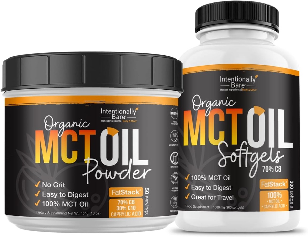 Intencionally Bare MCT Oil Powder (50 Servings) y MCT Oil Capsules Bundle