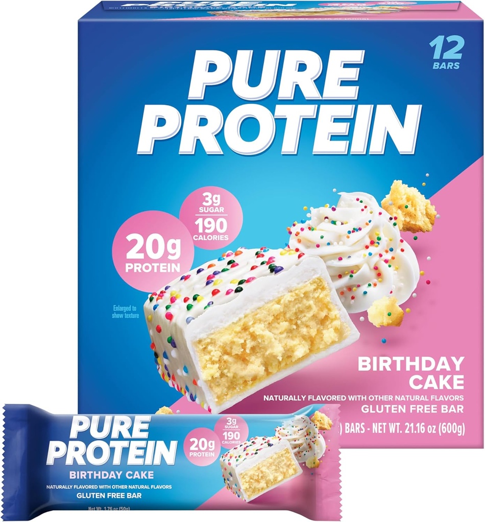 Barras de proteína puras, alta proteína, nutritious Snacks to Support Energy, bajo azúcar, sin gluten, pastel de cumpleaños, 1,76 oz, paquete de 12 (paquete mayo Vary)
