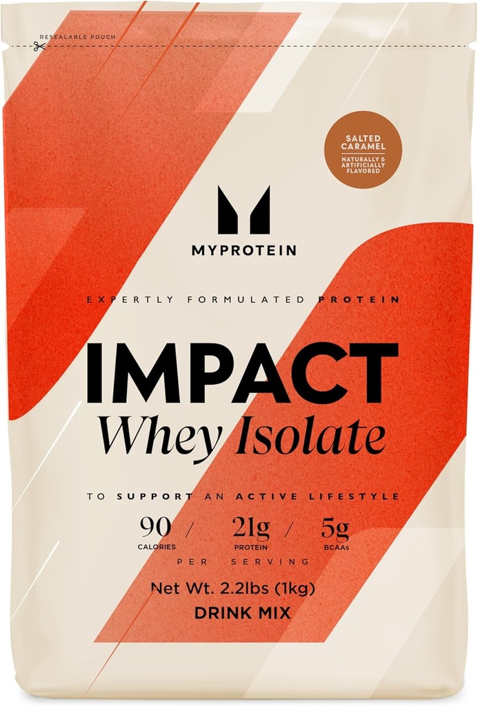 Myprotein Impact Whey Protein Isolate, 2.2 Lbs (40 Servings) Salted Caramel, 21g Protein &amp; 6g BCAA Por Serving, Gluten-Free Shake for Muscle Strength & Recovery