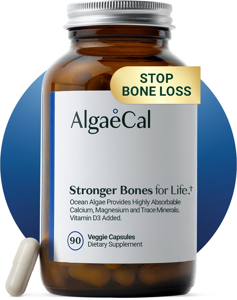 Suplemento de calcio con base vegetal ALGAECAL con vitamina D3 (1000 UI) para la fuerza ósea, contiene 13 minerales Apoyo a la salud ósea, calcio orgánico (750 mg) para mujeres " hombres " , 90 cápsulas vegetales, hechas en EE.UU.