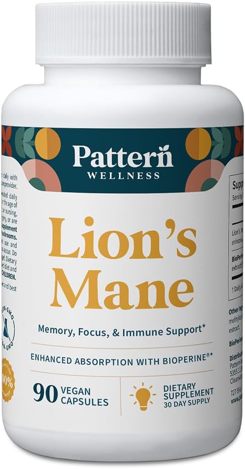 Pattern Wellness Lion’s Mane Mushroom – Suplemento capsules para Cognitive & Focus Support – Ausorción mejorada – 90 cápsulas Vegan
