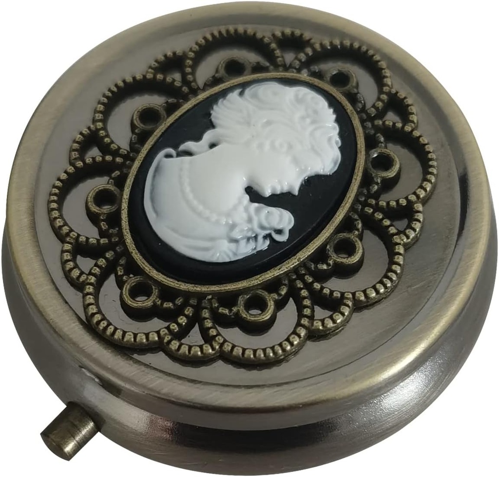 Bronze Pill Organizer, Caja de Medicina Portátil para Pocket o Purse, Decorative Metal Vitamin Holder, Classical Small Pill Container, Unique Creative Gift for Women