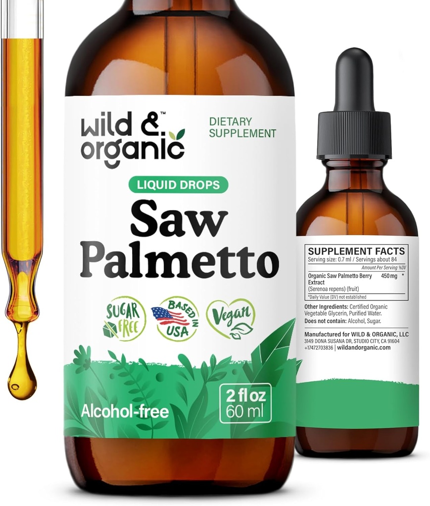 Wild & Organic Saw Palmetto Extract Drops - Soporte urinario - Saw Palmetto for Men &amp; Women - Liquid Serenoa Repens Berries Suplemento - Vegan, Sugar &amp; Alcohol-Free - 2 fl oz