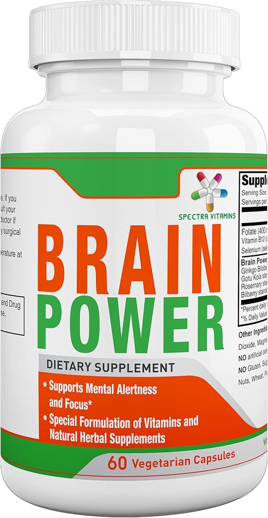Spectra Vitamins Brain Power, Supports Focus, Nootropics, Improves Memory, Alertness for Men & Women, Ginkgo Biloba, Gotu Kola, 60 Capsules,