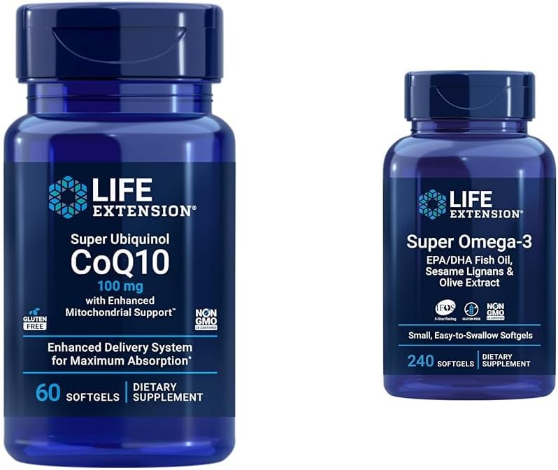 Super Ubiquinol CoQ10 con soporte Mitocondrial mejorado, ubiquinol CoQ10 & Super Omega-3 EPA/DHA Fish Oil, Sesame Lignan &amp; Olive Extract - Omega 3 Suplemento