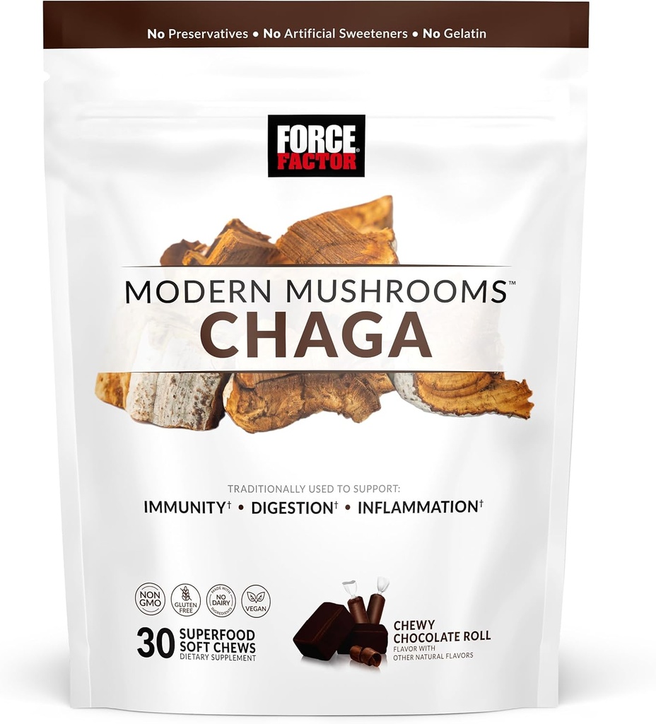 FORCE FACTOR Modern Mushrooms Soft Chews, Chaga Mushrooms Suplemento de Apoyo Inmunidad, Digestión, " Gut Health, Antioxidants Suplemento, Delicious Chewy Chocolate Roll Flavor, 30 Soft Chews