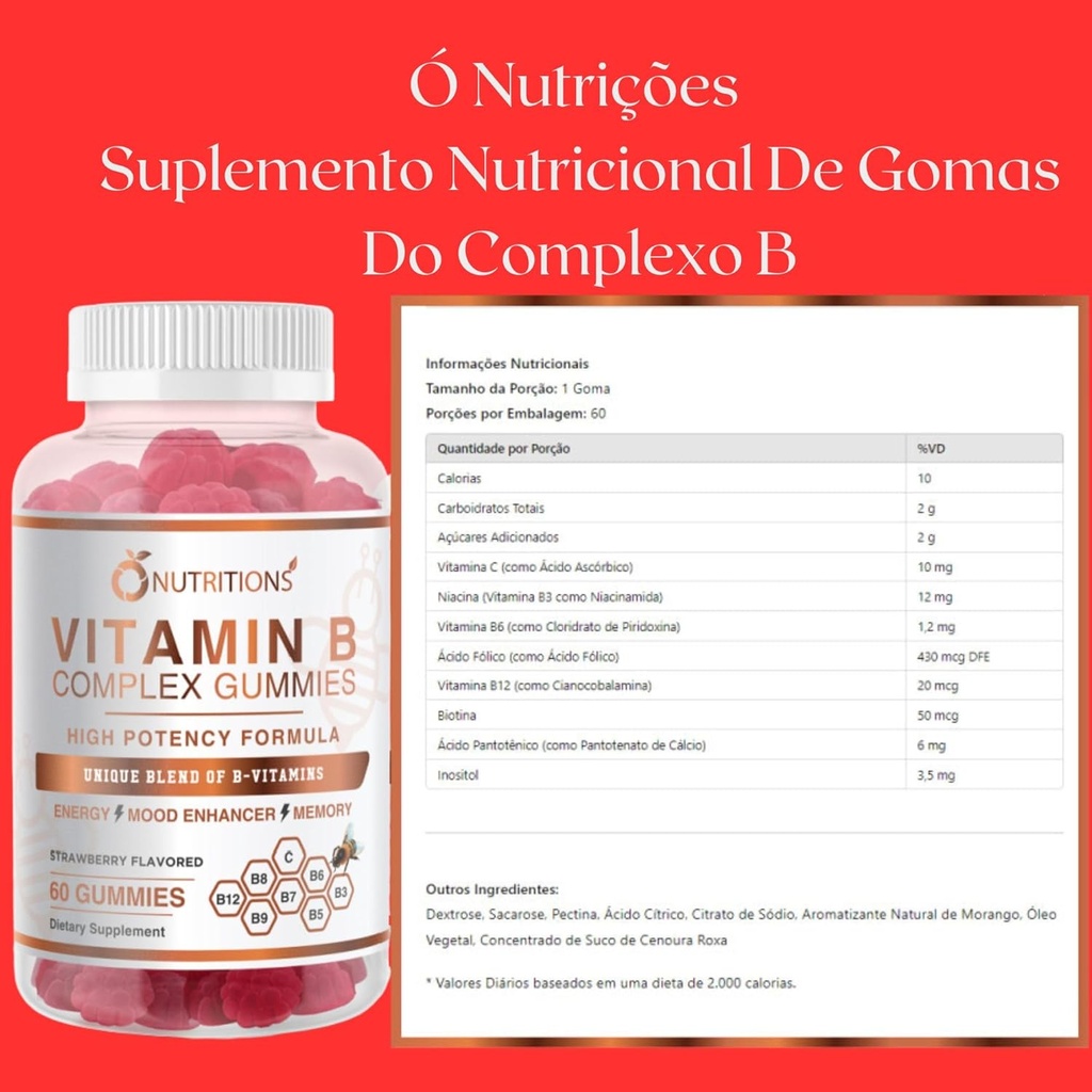 O NUTRICIONES Complejo de vitamina B Gummies Vegan con vitamina B12, B7 como Biotina, B6, B3 como Niacina, B5, B6, B8, B9 como Folato para el Sistema de Estrés, Energía e Inmunes Saludables (2 Pack)