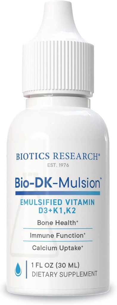 Biotics Research Bio-DK-MulsionTM–Emulsified Liquid Vitamin D and K, D3 Drops 125 mcg " Vitamin K (K1, K2) 300 mcg MK-7-Supports Stronger Bones, Musculoskeletal Strength, Healthy Heart " BMI 1 fl oz