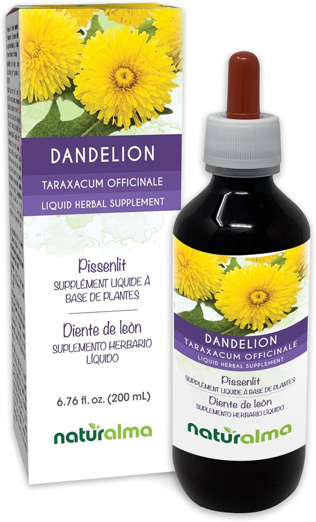 Naturalma Dandelion (Taraxacum officinale) Root and herb Alcohol-Free Tintura - 6.76 fl oz Liquid Extract in Drops - Herbal Supplement - Vegan