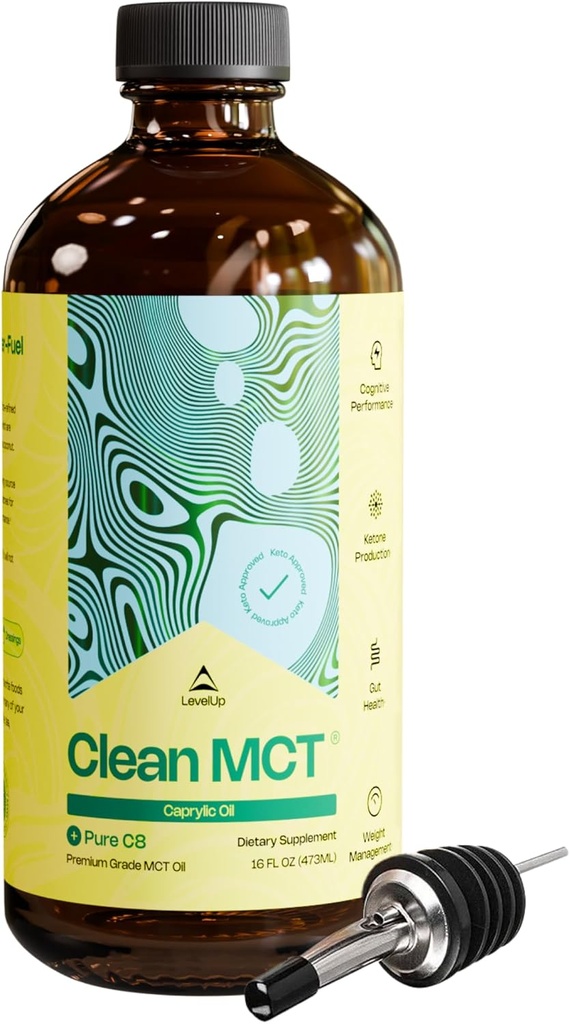 Nivel Up Clean MCT Petróleo - 100% C8 caprílico para Energía, Focus, Manejo de Peso, Salud Gut, Supercombustible Cerebro - Suplemento Keto para Café Ketogénico y Cetonas - No GMO (16 oz Botella de Cristal)