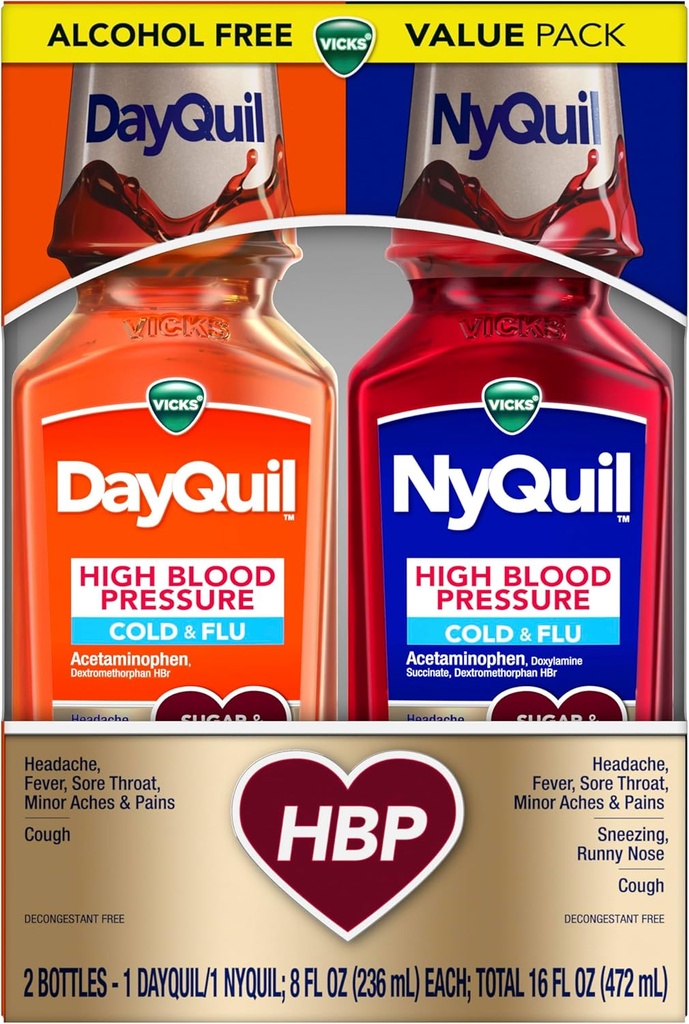 VICKS DayQuil &amp; NyQuil High Blood Pressure Cold & Flu Relief Liquid Medicine Co-Pack, Powerful Multi-Symptom Daytime & Nighttime Relief for Cold, Cough, and Flu Symptoms, Sugar & Alcohol Free, 2x8oz