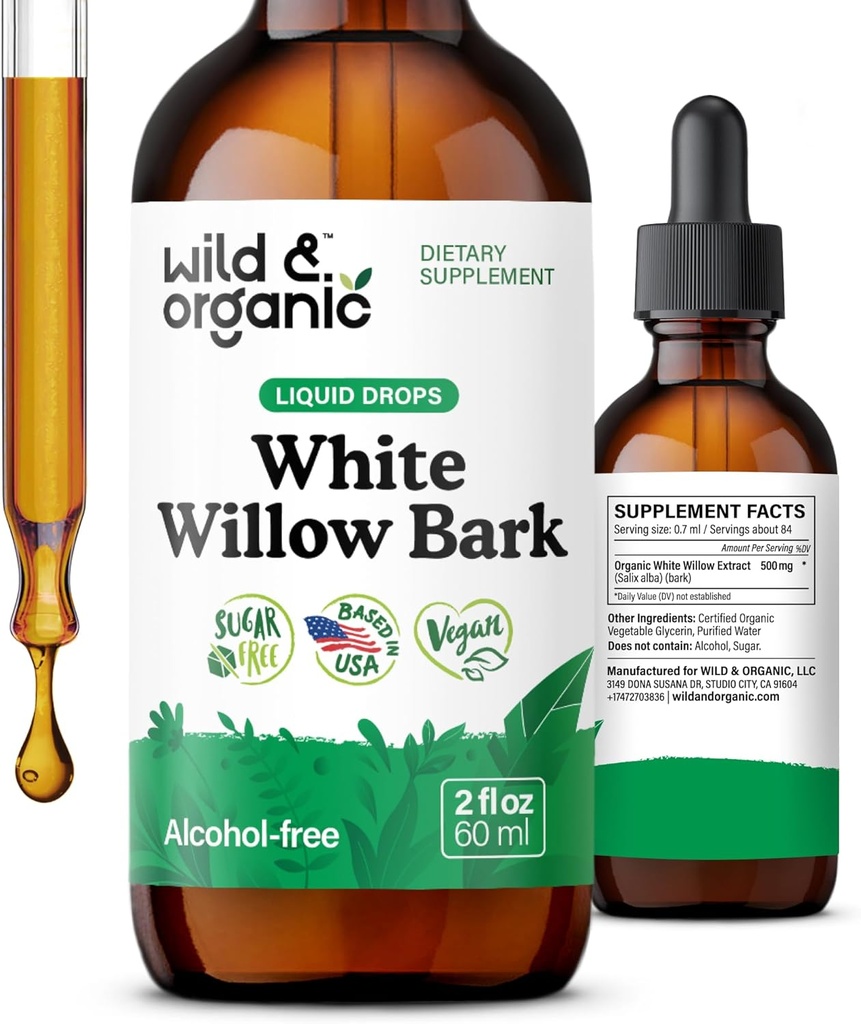 Wild & Organic White Willow Bark Extract Liquid Drops - Overall Well-Being Supplement - 500 mg White Willow Bark Herb Tincture - No Alcohol & Sugar, Non-GMO - 2 fl oz