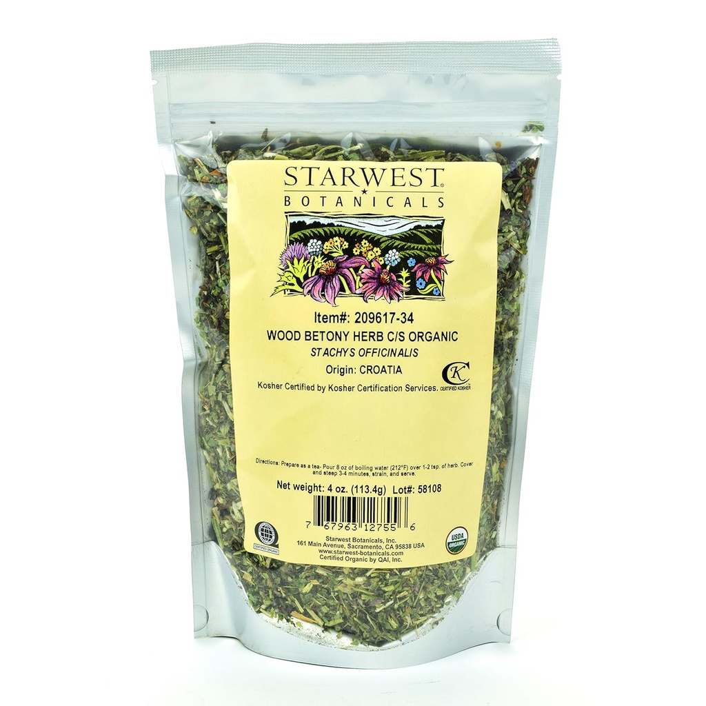 Starwest Botanicals Madera orgánica Betony Herb C/S, 4 onzas