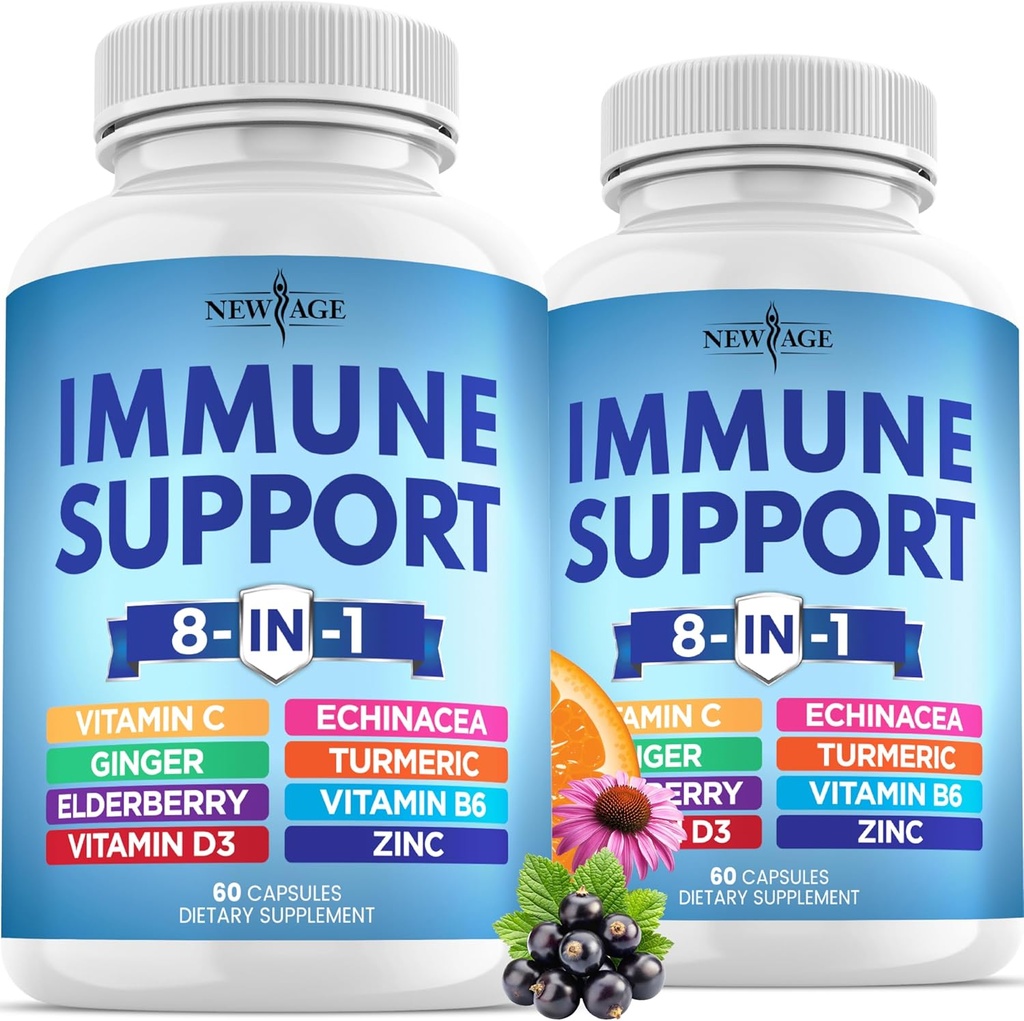 NEW AGE 8 in 1 Immune Support Booster Supplement with Echinacea, Vitamina C and Zinc 50mg, Vitamina D 5000 UI, Turmeric Curcumin &amp; Ginger, B6, Elderberry 120 Conde (Pack of 2)