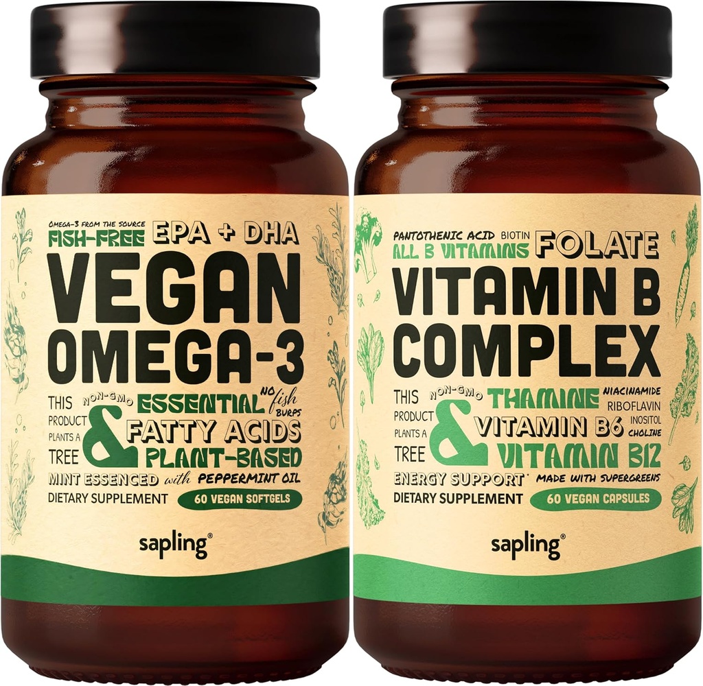 Vegan Omega 3 &amp; Vegan Vitamin B Complex Bundle - Plant-Based DHA &amp; EPA Fatty Acids, Essential B Vitamins with Whole Food Blend, B1, B2, B3, B5, B6, B7, Folate