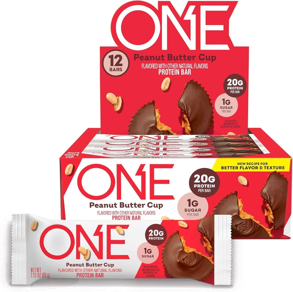 ONE Protein Bares, Peanut Butter Cup, Gluten Gratis con 20g Protein y 1g Azúcar, Pantry Staples, 2.12 oz (12 Conde)