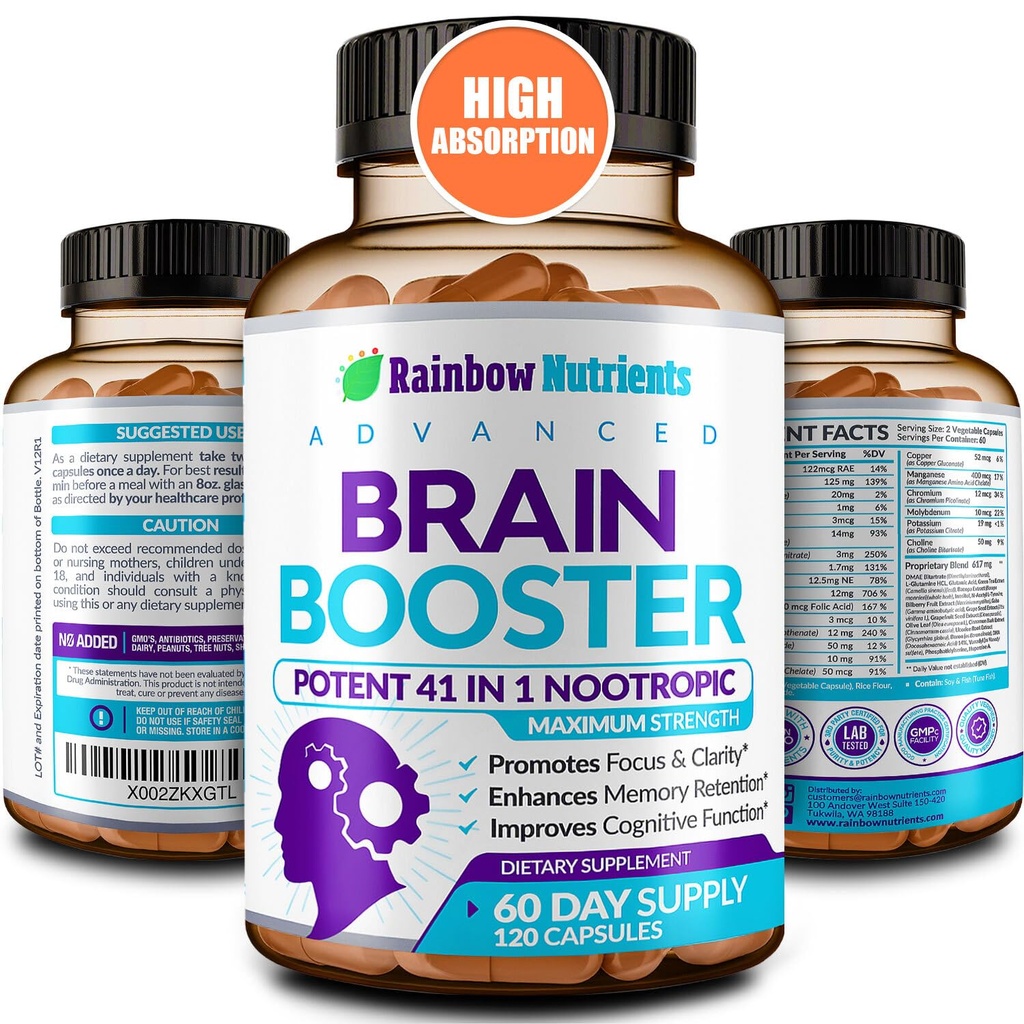 Suplementos de 40 en-1 para la memoria, el foco, la claridad, la energía, el rendimiento ¦ Natural Nootropic Brain Support Suplemento con DMAE, Bacopa Monnieri &amp; Más Silencio para Hombres &amp; Mujeres